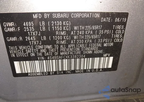 2019 Subaru Outback 2.5I Premium z USA, uszkodzony, nr VIN 4S4BSAFCXK3382304